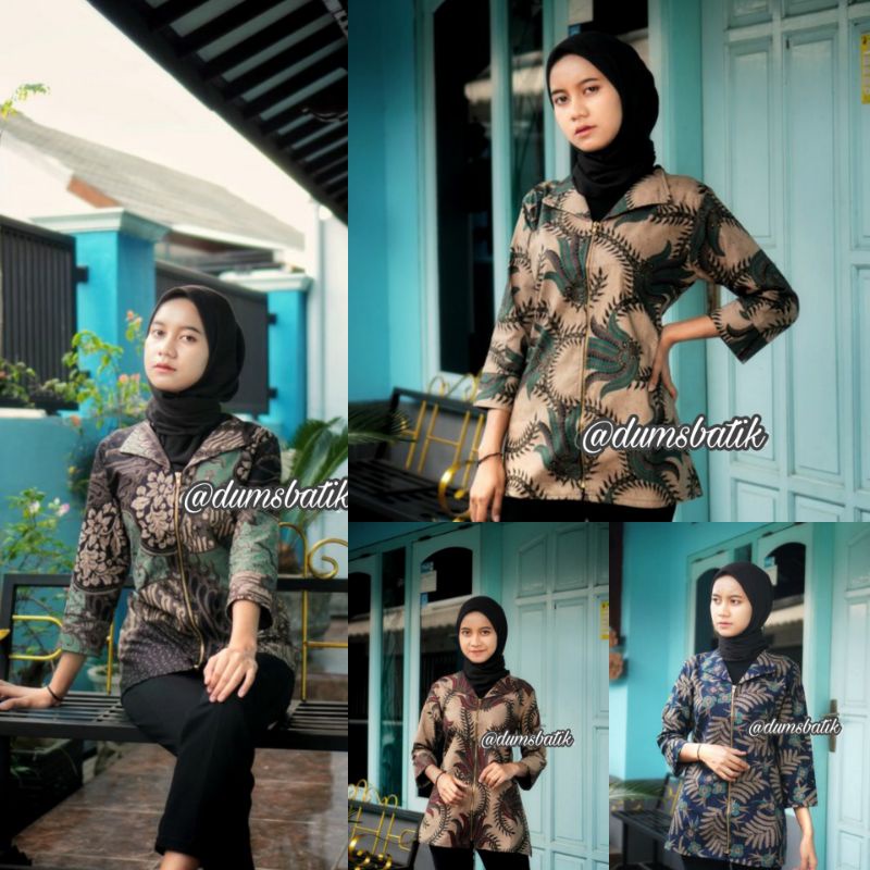 Blazer Batik Premium | Atasan Batik Wanita Premium | Blus Batik Kerja | Blazer Resleting Batik Premi