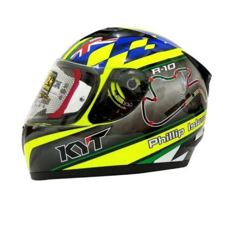 Helm Kyt R10 Seri 3 Black/White/Red Dengan Black/Aqua Blue Kaca Flat Visor Iridium Blue,Gold,Silver-Philip island