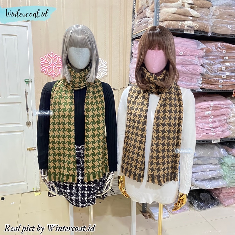 Scarf winter wanita syal musim dingin hangat import houndstooth pasmina panjang bordir