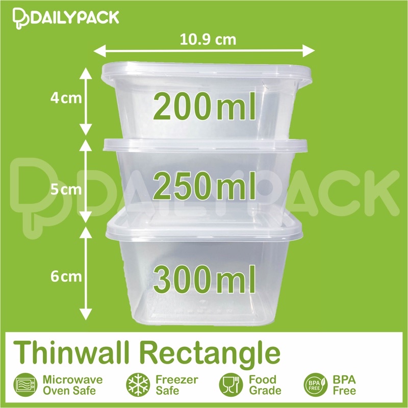 Thinwall RECTANGLE 200 ml + Tutup / PERSEGI PANJANG / Kotak Makan Plastik / Food Container / Cup Puding