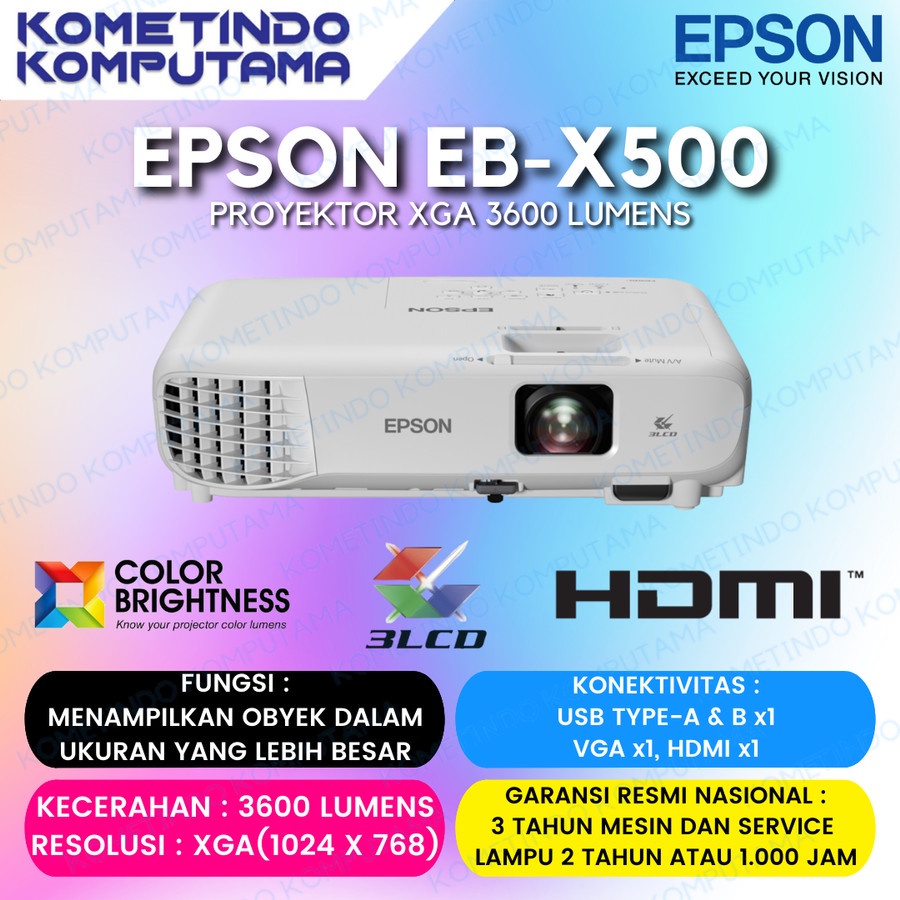 Epson EB-X500 XGA 3LCD Projector / Proyektor X500 3600 LUMENS