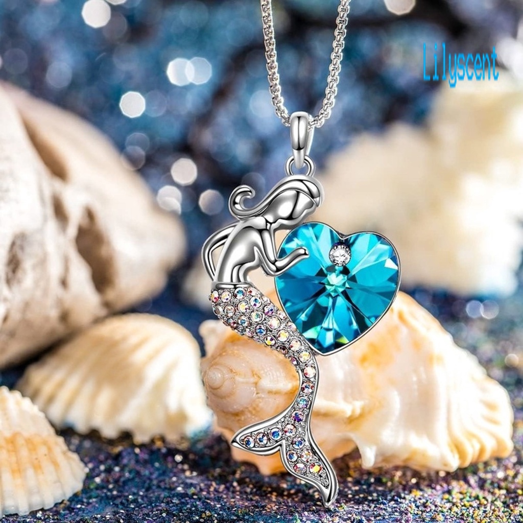 Kalung Klavikula Desain Hati Mermaid Aksen Kristal Imitasi Gaya Elegan Untuk Wanita