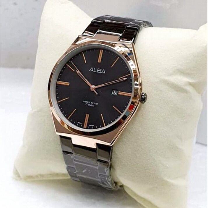 PROMO Jam Tangan Alba 4D1741 Pria Cowok Analog Tanggal Aktif Rantai Stainless
