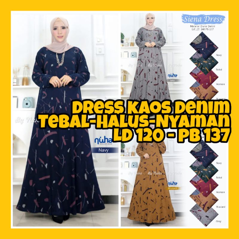 Gamis Kaos Diana Denim Premium Terbaru Jumbo Size LD 120 Bahan Tebal dan Dingin Lengan Karet Panjang