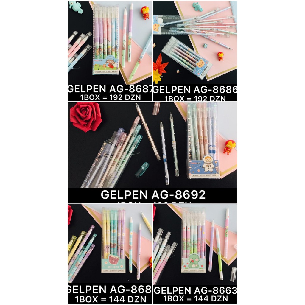 

12 Pcs/ 1 Lusin Bolpen Pulpen Pena Gel Mika 0,5 mm Ai Gou ANEKA Karakter