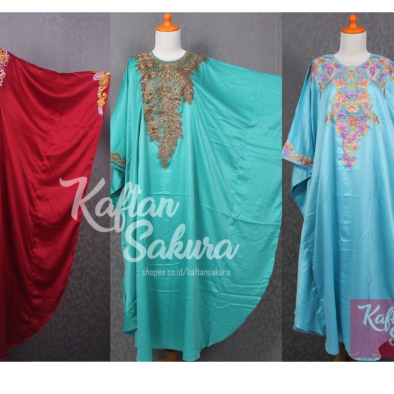 Dress Kaftan Wanita terbaru Bordir Bahan Satin PREMIUM Murah Warna Hitam Merah Pink Cantik untuk kaftan Lebaran Pesta Kondangan mewah