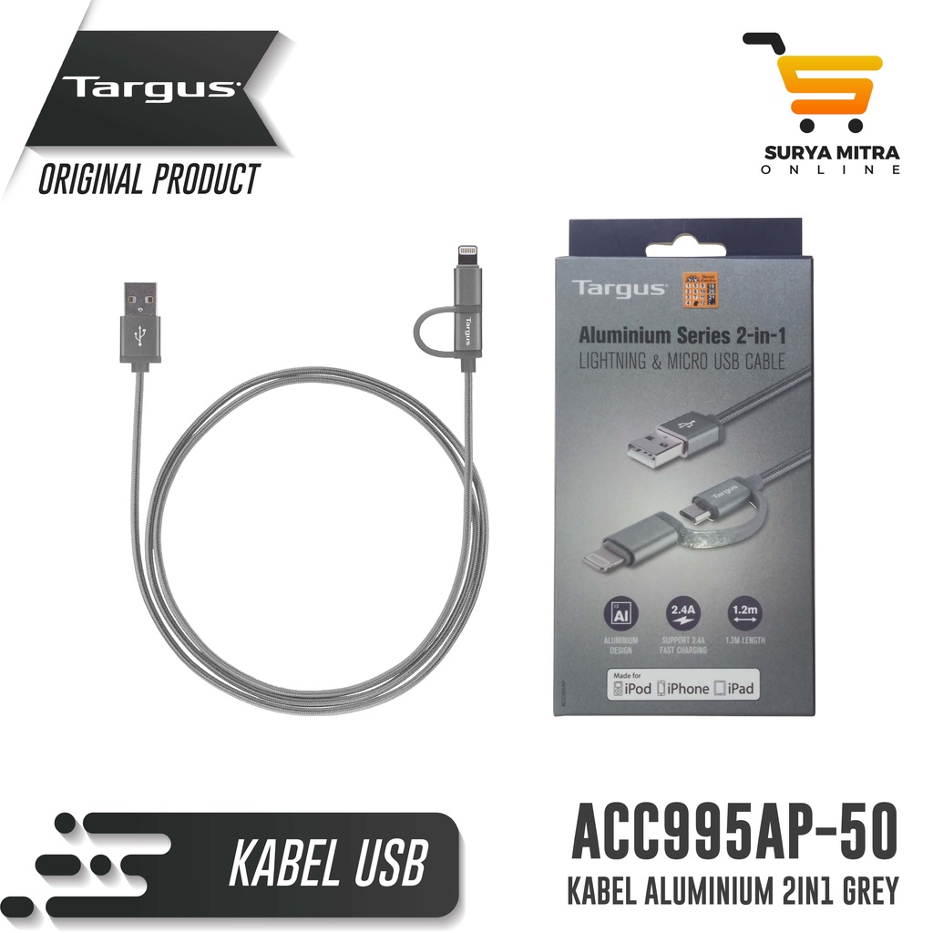 Kabel Data Targus ACC995 2in1 USB A to Lightning &amp; Micro USB - Grey