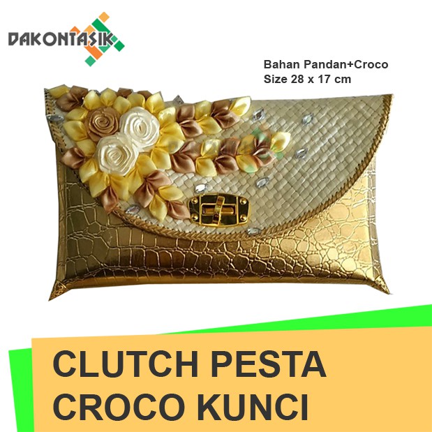 Dompet Pesta Kondangan Bunga Organdi Anyaman Pandan Croco Kunci Putar 28 x 17 cm