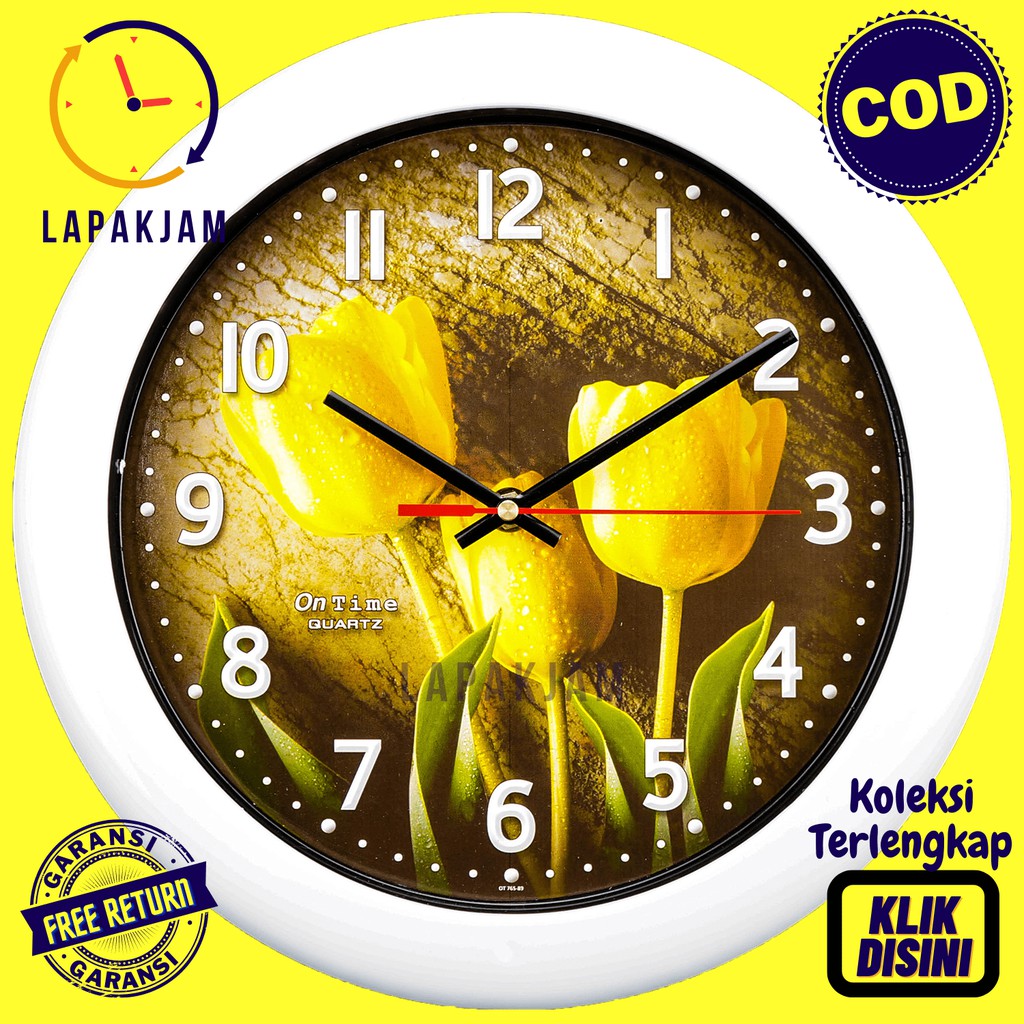 Jam Dinding Quartz Dekorasi Dinding Bunga Flower Murah Besar Ontime 767-FL Kuning Hijau Merah Putih