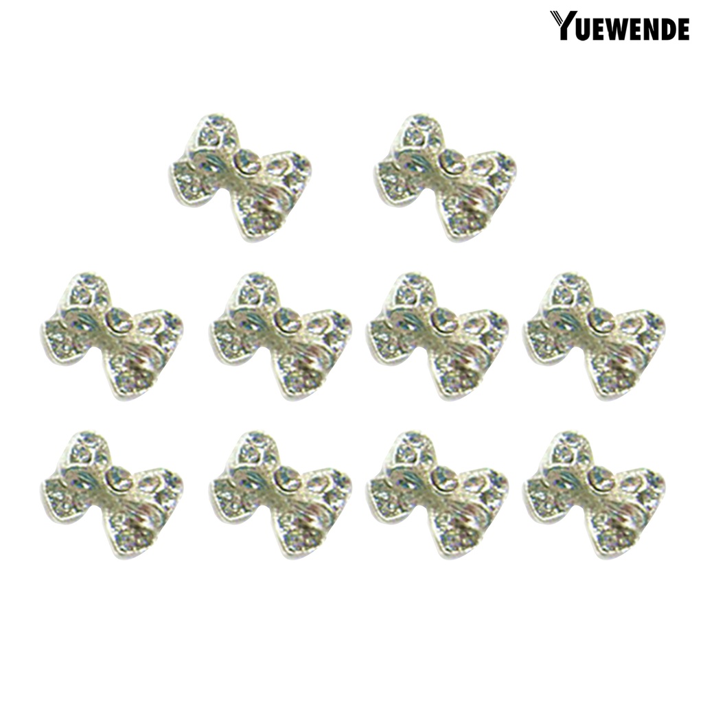 [Yue] 10Pcs Nail Sticker Bow Shape Cubic Zirconia Inlaid Alloy Women Shiny Nail Tips Jewelry for Natural Nail