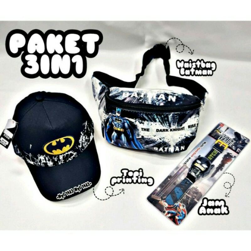 COD paket 3in1 tas selempang anak topi jam betmen waistbag anak karakter superhero