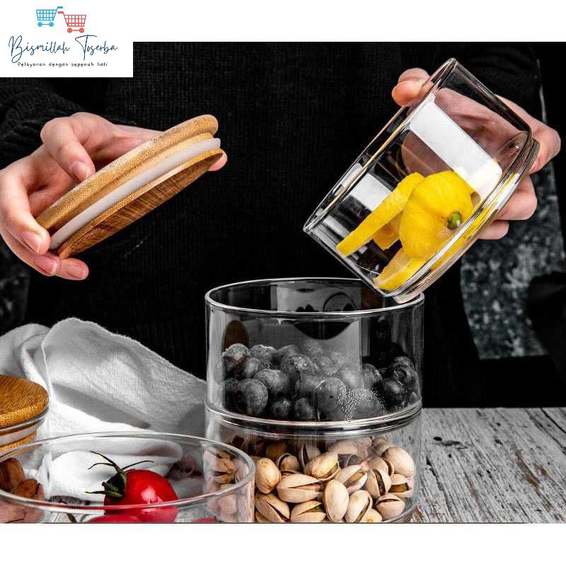 Toples Kaca Tutup Bambu / Toples Kaca Penutup Kayu / Tempat Kue Estetik / INTERNAUL Toples Kaca Peny