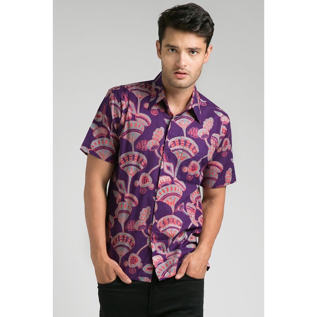Kemeja Baju Batik Pria Lengan Pendek Cap Biru Tua Rose Muda