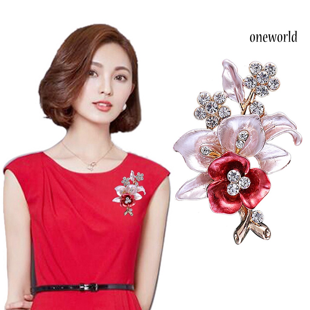 OW@ Brooch Pin Flower Shape Chic Decoration Alloy Rhinestone Inlaid Flower Brooch Pin for Wedding