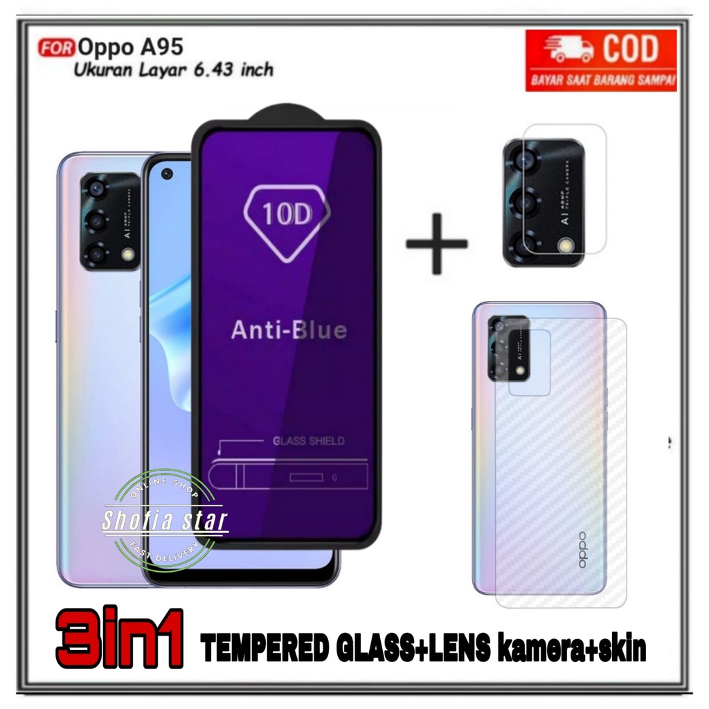 PAKET 3IN1 TEMPERED GLASS BLUE LIGHT OPPO A95 A74 A55 A54 4G/5G TG LAYAR ANTI RADIASI FULL COVER