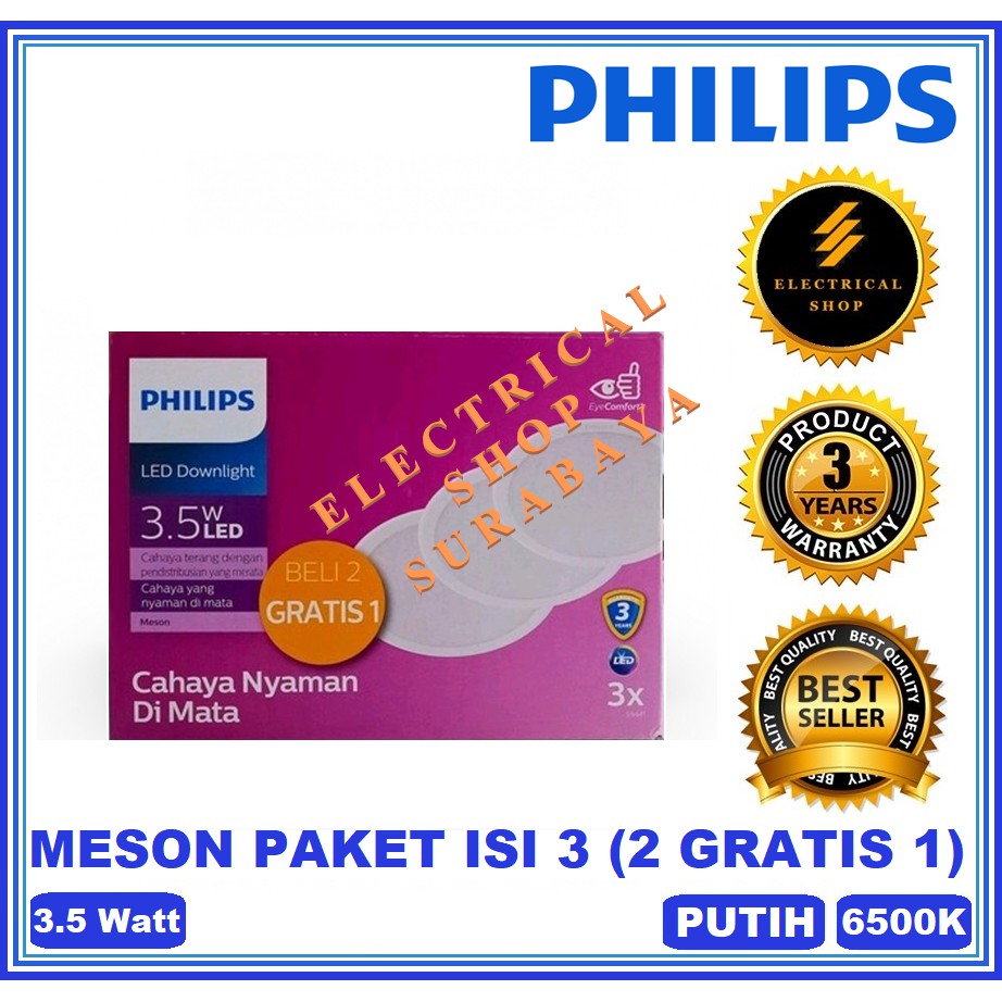 PHILIPS DOWNLIGHT LED MESON PAKET 3.5W 3,5 WATT 080 6500K PUTIH 59441 MULTIPACK BUNDLING 2 GRATIS 1