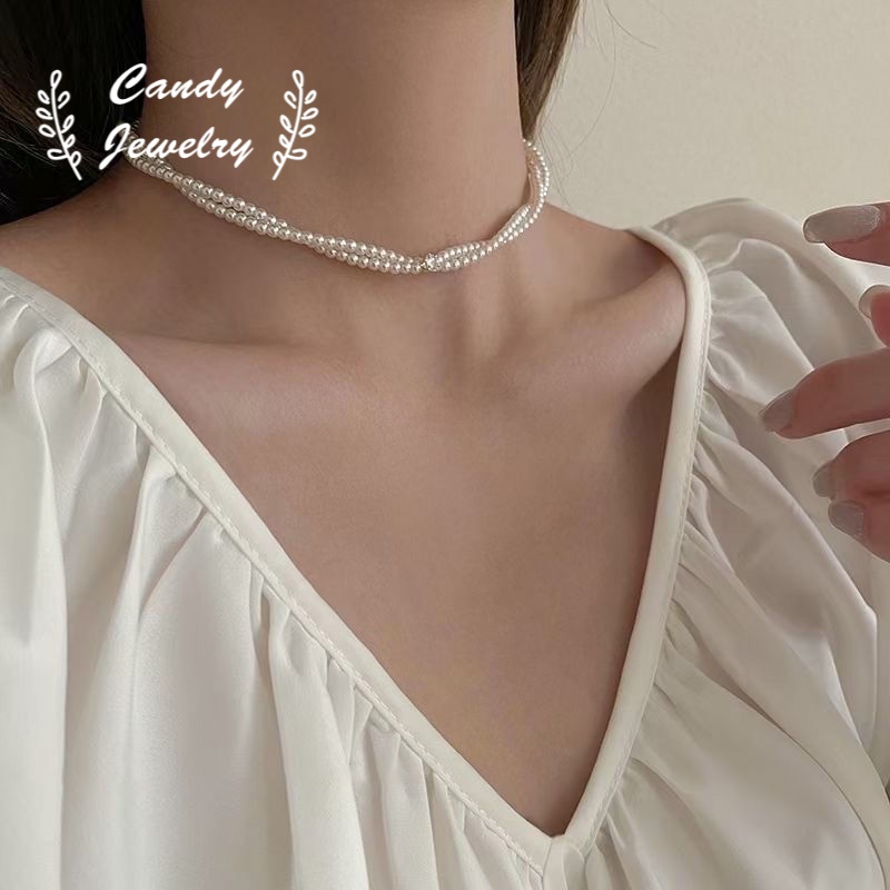 Kalung Rantai Klavikula Ganda Aksen Mutiara Untuk Aksesoris Wanita