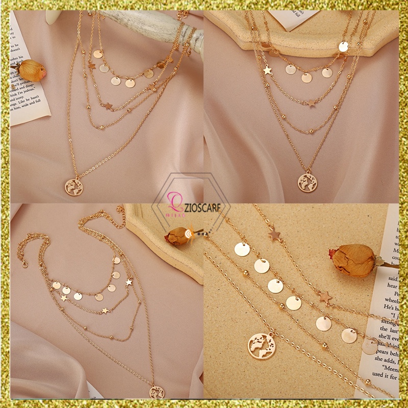 KALUNG WANITA KOREA 4in1 CHAIN STAR ALLOY CHOKER RANTAI PANJANG FASHION AKSESORIS IMPORT KLG19