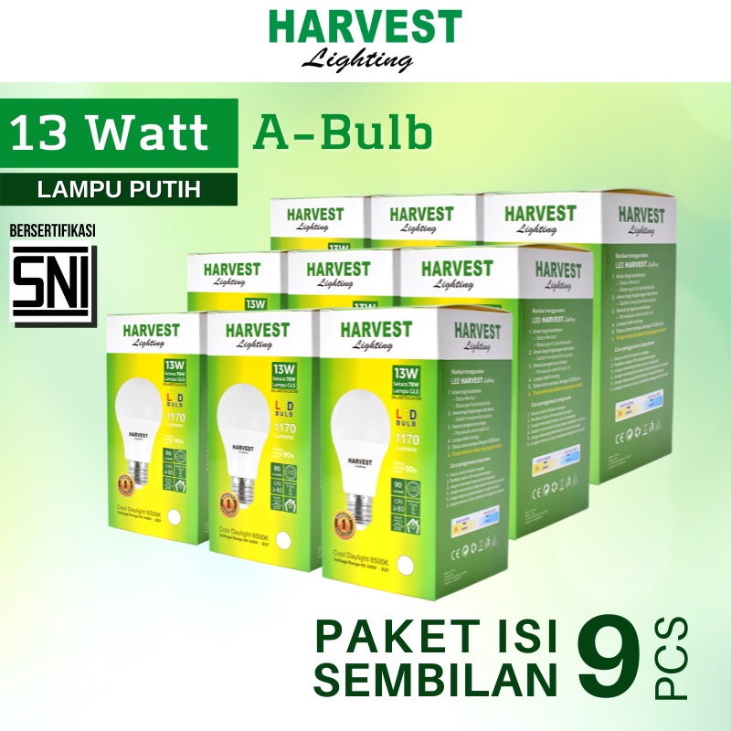 13W - Paket Isi 9 - HARVEST LIGHTING Lampu Bohlam LED A Bulb  13 Watt Lampu Hemat Energi Original Bersertifikasi SNI dan Bergaransi