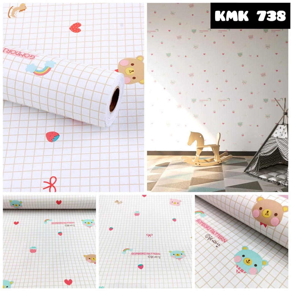 WALLPAPER KMK 738 WALPAPER WELPAPER STIKER SETIKER WALLSTIKER STICKER DINDING TEMBOK KARAKTER KARTUN TEDDY BEAR STRAWBERRY STIKER DAPUR KAMAR ANAK CEWEK COWOK  MANDI