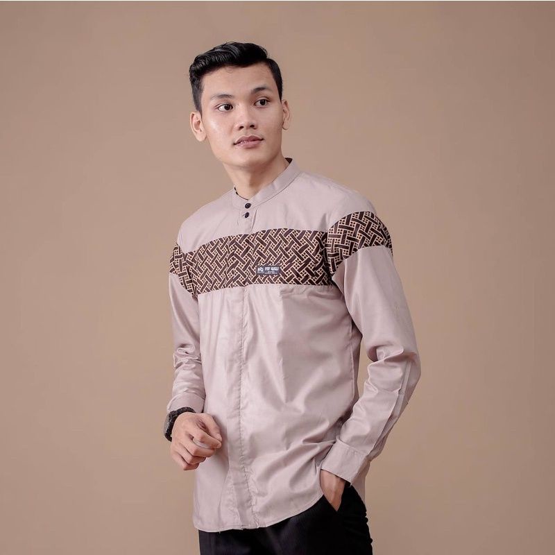 Baju Koko Kombinasi Batik Motif Catur Lengan Panjang Casual Slimfit Dewasa Kombinasi Batik Baju Koko