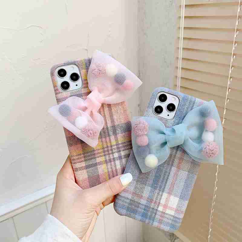 Soft Case Silikon Motif Kotak-Kotak Aksen Pita Untuk Iphone 12 Mini 11