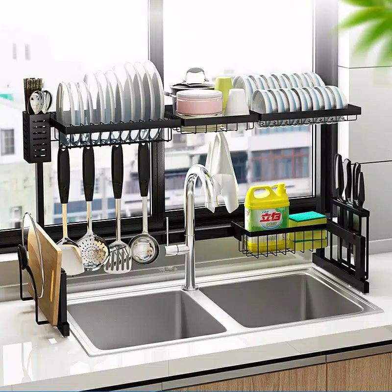 rak piring dapur stainless hitam 85cm anti karat