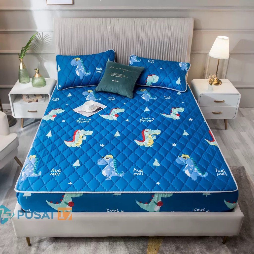 PUSAT17 SPREI WATERPROOF KARAKTER SPREY 160X200CM 180X200CM 200X200CM SPREI ANTI AIR MOTIF / SPREI PROTECTOR MATRAS KASUR 90X200CM 120X200CM-Dino Biru