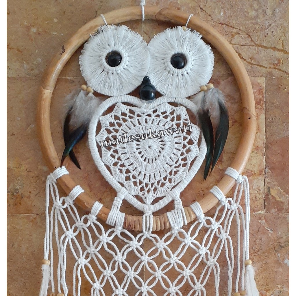 Dream catcher OWL diameter rotan 32cm panjang 100cm hiasan dekorasi bulu ayam