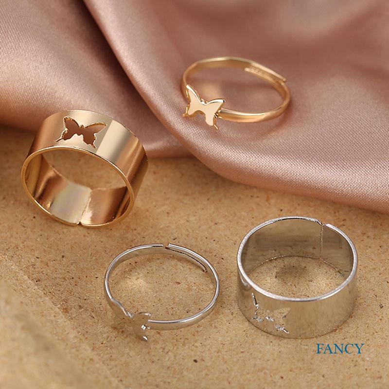 2pcs Cincin Jari Telunjuk Kombinasi Desain Kupu-Kupu Gaya Punk Untuk Pasangan