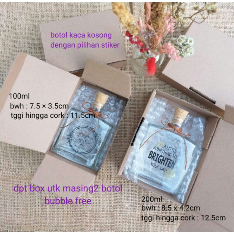 botol kaca 200ml 100ml persegi sumbat cork botol decor gift wish in bottle