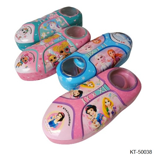 

kotak pensil kaleng lucu bentuk oval sepatu dan piano