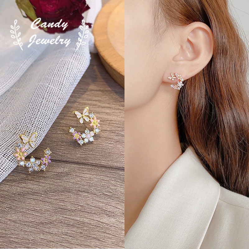 Anting S925 Silver Needle Bentuk Pita Warna Pink Gaya Korea Untuk Wanita