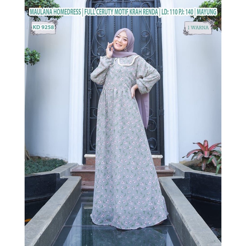 Gamis Maulana Homedress Full Ceruty Kerah Renda / Long Dress Ceruty Bunga / Gamis Kekinian Terbaru /
