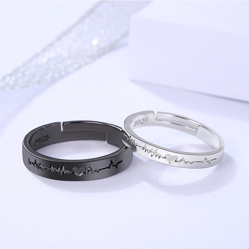 Cincin Model Terbuka Adjustable Desain Hati ECG Forever Love Warna Hitam Putih Untuk Pria Dan Wanita