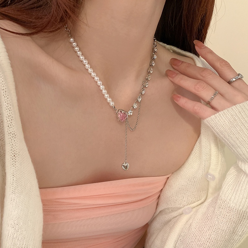 Love Pink Crystal Pendant Necklace Accessories Pearl Stitching Clavicle Chain Harajuku Korean Version
