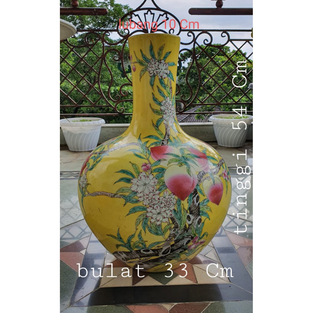 GUCI KERAMIK GUCI ANTIK IMPORT BAGUS MURAH KUNING MOTIF BUAH PERSIK