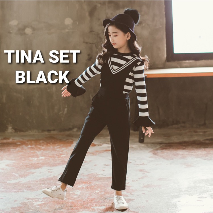 TINA SET BLACK / BAJU SETELAN ANAK KOREA IMPOR / OVERALL ANAK / SET CELANA PANJANG ANAK PEREMPUAN