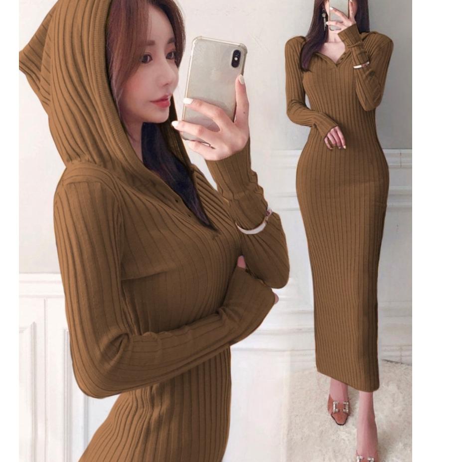 Baru Korean Dress Hoodie Rajut Wanita Bodycon Kekinian 2021 ..