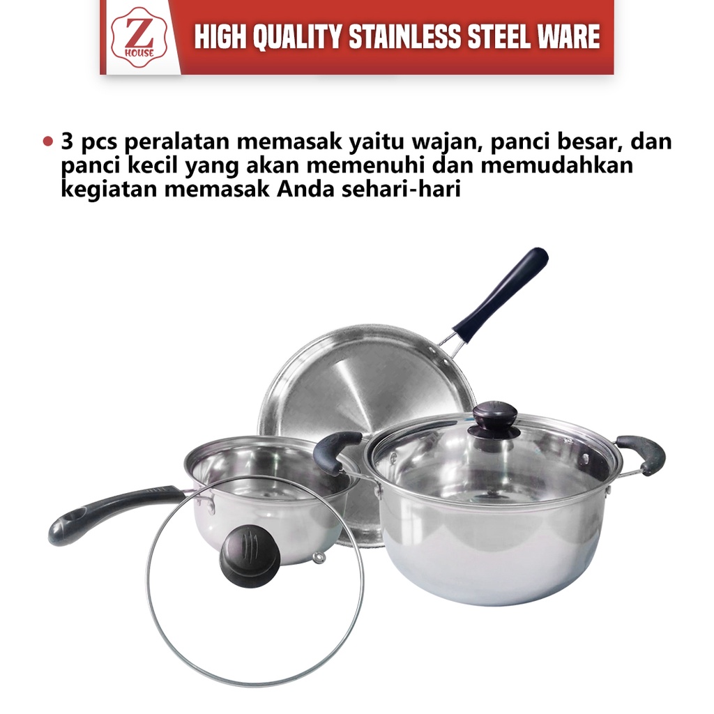 PANCI SET WAJAN PENGGORENGAN ISI 3PCS SERBAGUNA STAINLESS STEEL/PANCII TRFLON STAINLESS KOS MURAH PROMO