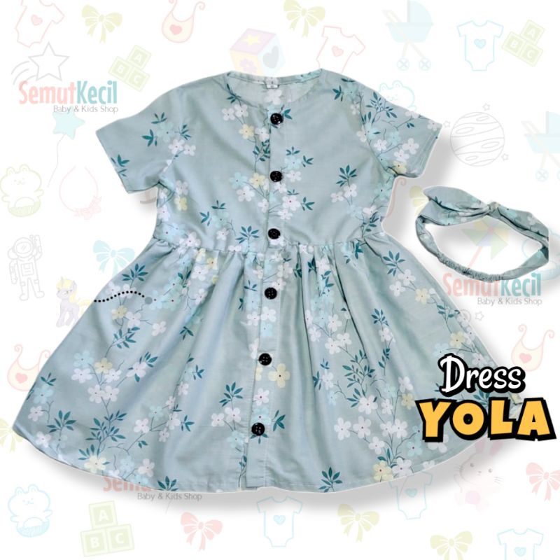 YOLA 1-4 THN DRESS ANAK BAYI PEREMPUAN KANCING DEPAN KATUN CATRA FREE BANDANA Baju Anak Bayi Perempuan Cewek Dres Baby Girl-K GrayBlueFloWhtTeal