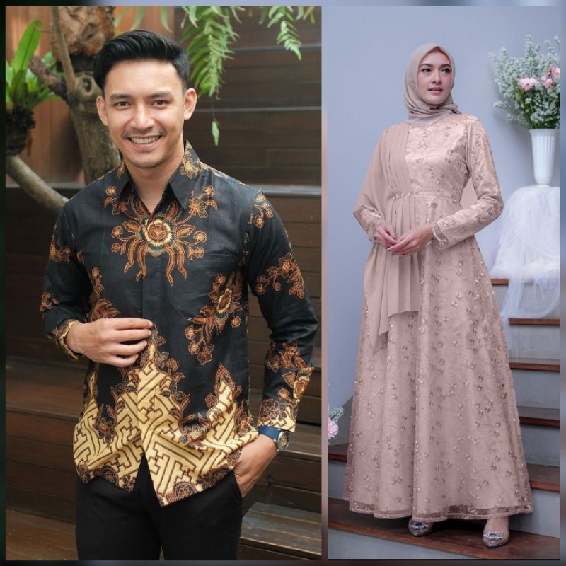 BATIK OFFICIAL SOLO Batik Couple Rayya Tulle mutiara kombinasi ceruty payet &amp; kemeja batik