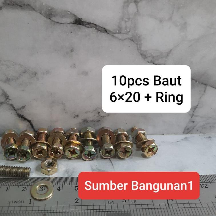 Recommended Baut 6 x 20 + Ring 10pcs baut mur kuning 6mm kunci 10 6x20 2cm dwifungsi VH5...