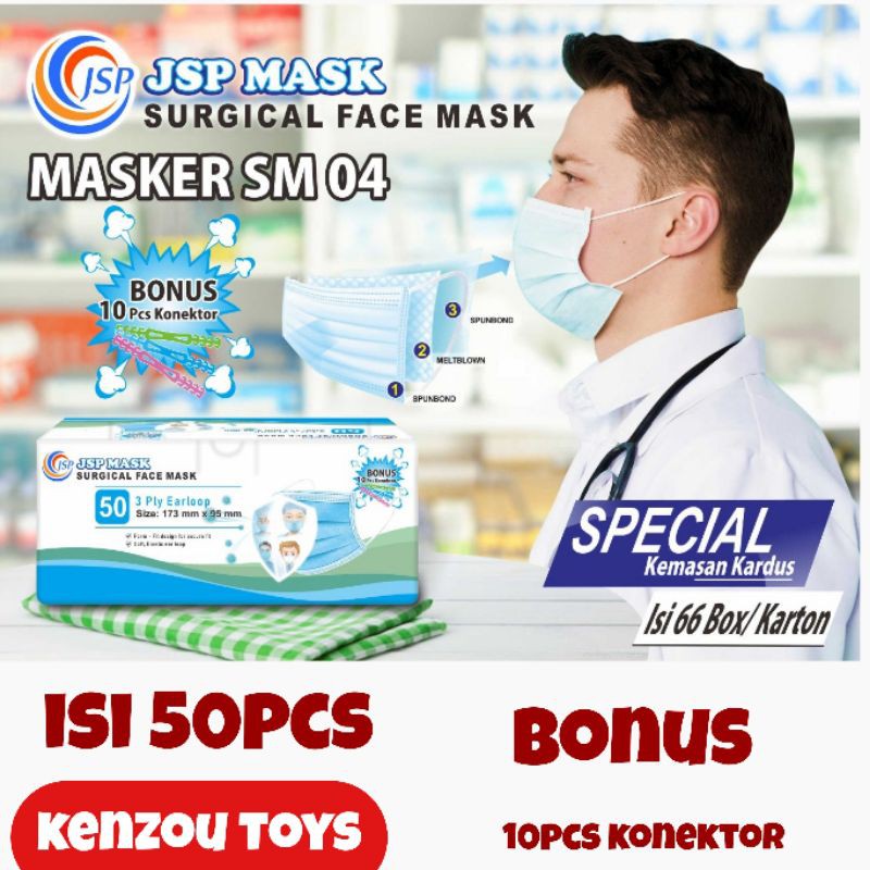 Masker JSP 3PLY 1Box isi 50Pcs Surgical Mask Earloop Murah