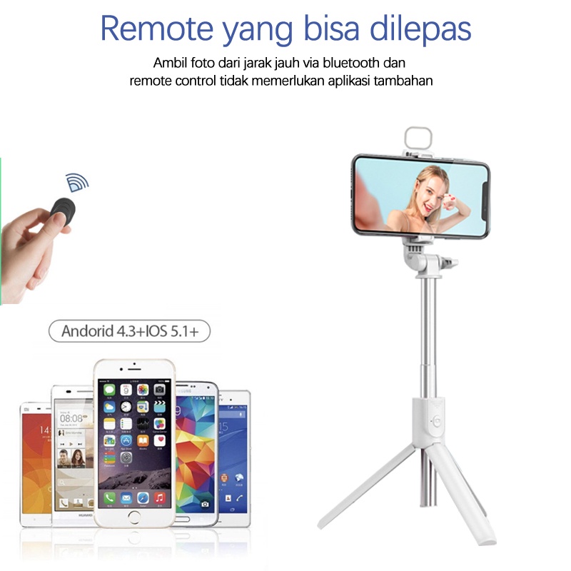 Tongsis Selfie Tripod 4 in 1 Wireless Bluetooth Remote R1S LED lampu