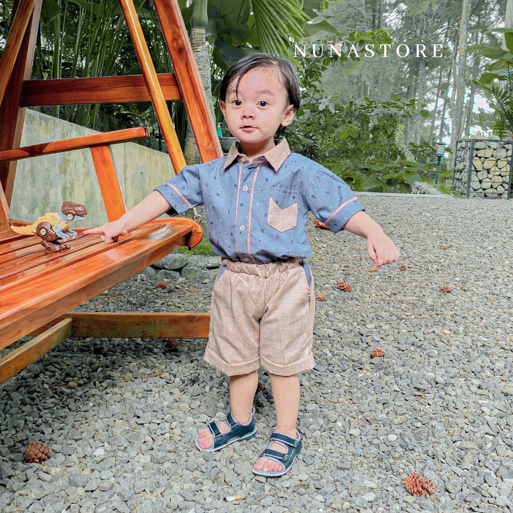 Nuna Store Setelan baju celana anak bayi Usia 6 bulan - 3 tahun IMK Motif Kemeja Kantong Coklat