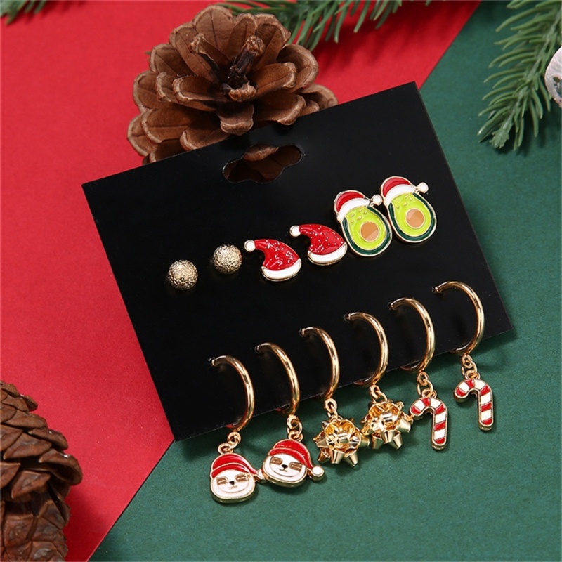 6 Pasang Anting Stud Desain Topi Santa Claus Snowman Untuk Perhiasan