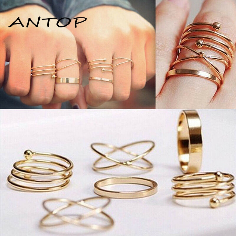 6Pcs Cincin Retro Bahan Stainless Steel Untuk Hadiah Aksesoris Fashion ANTOP