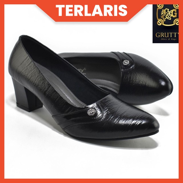 Grutty Sepatu Pantofel Wanita 7 Cm Hitam Polos Formal Guru Sekolah Kantor Kerja Shabita Hitam