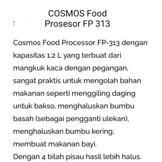 Cosmos Chopper FP 300 / FP 313 Food Prosesor 1,2 liter. Original.